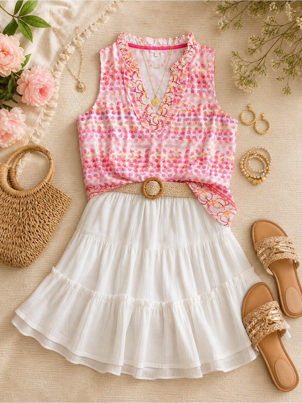 Jade Melody Tam Pink Orange Ruffle Sleeveless Blouse XS Resort Top